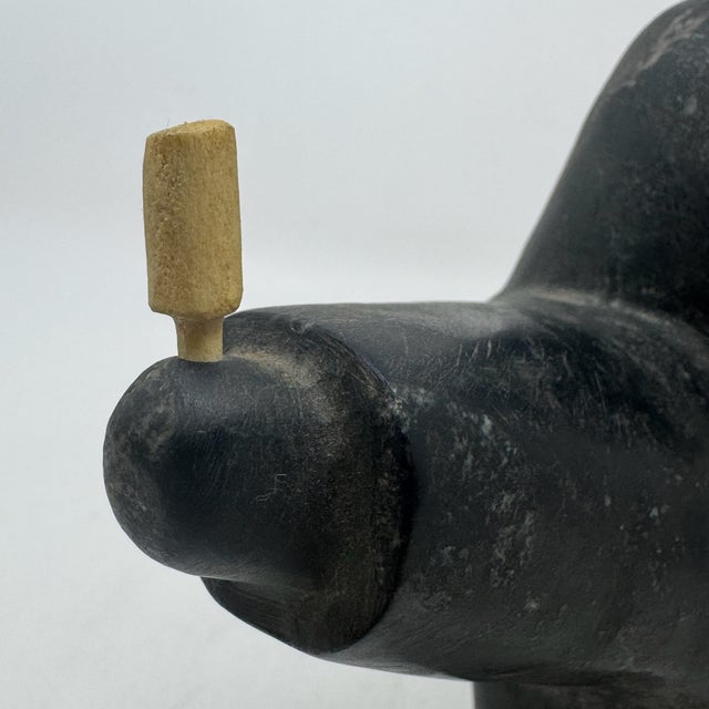 Black Vintage Hand Carved Signed Inuit Dark Serpentine Drummer & Child Sculpture With Bone Drum For Sale - Image 8 of 10