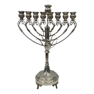 Menorah Judaica Hammered Silvered Metal 1950’ For Sale
