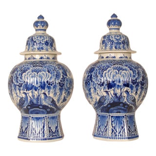 Delft Vases Chinoiserie Blue White Vintage Royal Delft Covered Jars Baluster Vases a Pair For Sale