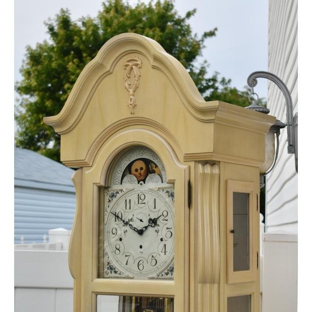 Vintage Sligh Carved Venetian Style Distressed Whitewash Grandfathers Clock For Sale - Image 10 of 12