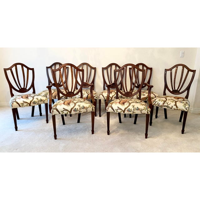 Baker Furniture Historic Charleston Set of Eight Carved Mahogany Shield-Back Exquisitely Upholstered Dining Chairs. Late...