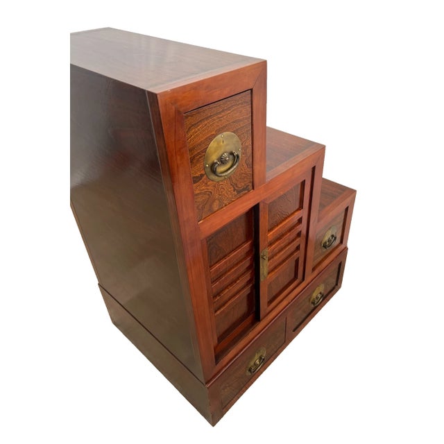 1990s Japanese Kaidan Tansu Step Chest Cabinet Pin Locks Four Pass Through Drawers 1a For Sale - Image 9 of 13