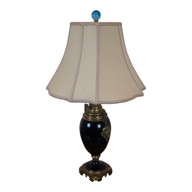 Antique French Empire Converted Cobalt Blue Glass Brass Urn Oil Lamp For Sale