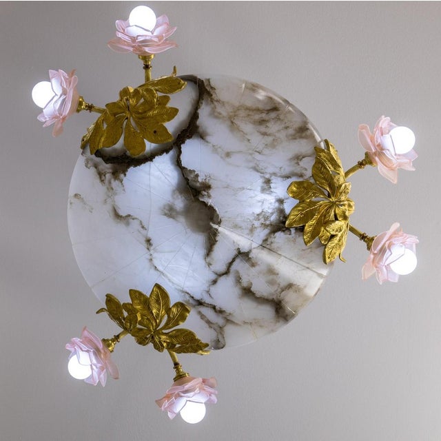French Art Nouveau Chandelier with Alabaster Bowl & Pink Glass Shades, 1920 For Sale - Image 6 of 18