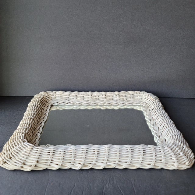 Mid-Century Modern Vintage 1950's Rectangular White Mid Century Modern Wicker Wall Mirror For Sale - Image 3 of 5