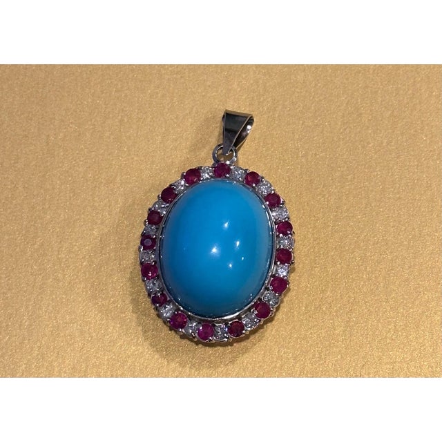 Gemstone GIA Certified 105 Ct Natural Oval Turquoise, Ruby & Diamond Pendant, Sleeping B For Sale - Image 7 of 18
