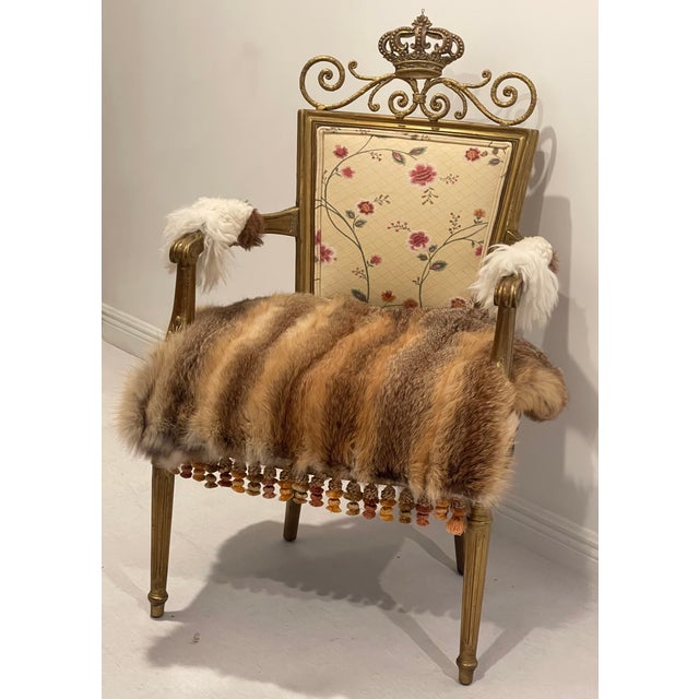 Animal Skin Antique Royal Crown Gold Armchair With Red Fox Fur For Sale - Image 7 of 9