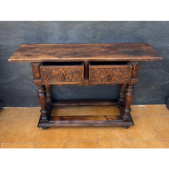 Brown Spanish Renaissance Oak Console Table with Two Carved Drawers, 1890s For Sale - Image 8 of 11