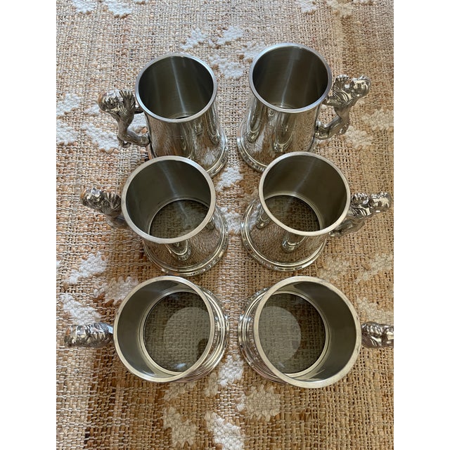 1990s 1990s Lion Handle One Pint Pewter Tankard Mugs Handmade in Sheffield England - Set of 6 For Sale - Image 5 of 12