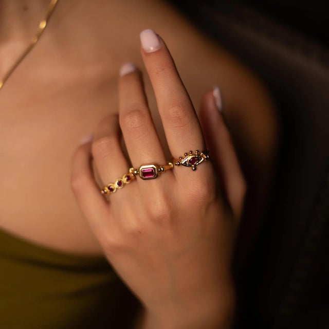 Mystic Ruby Evil Eye Gold Adjustable Band Ring, Size 8 For Sale - Image 4 of 7