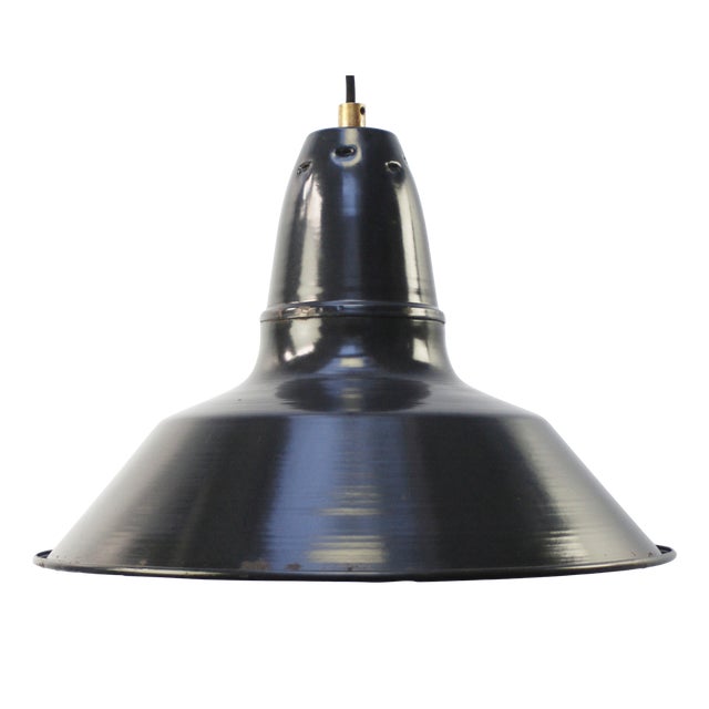 Vintage Industrial French Black Dark Blue Enamel Pendant Lamp For Sale