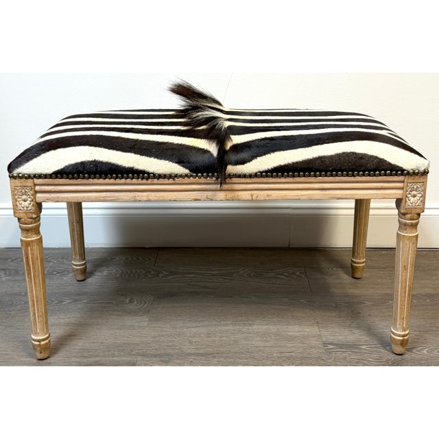 Maison Jansen Neoclassical Zebra Hide Bench Estate of John Loring, Tiffany & Co. France, Circa 1970s Dimensions: 32" W ×...