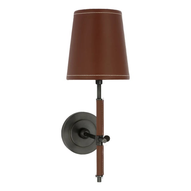 Thomas O'Brien for Visual Comfort Signature Bryant Wrapped Sconce in Bronze and Saddle Leather with Saddle Leather Shade For Sale