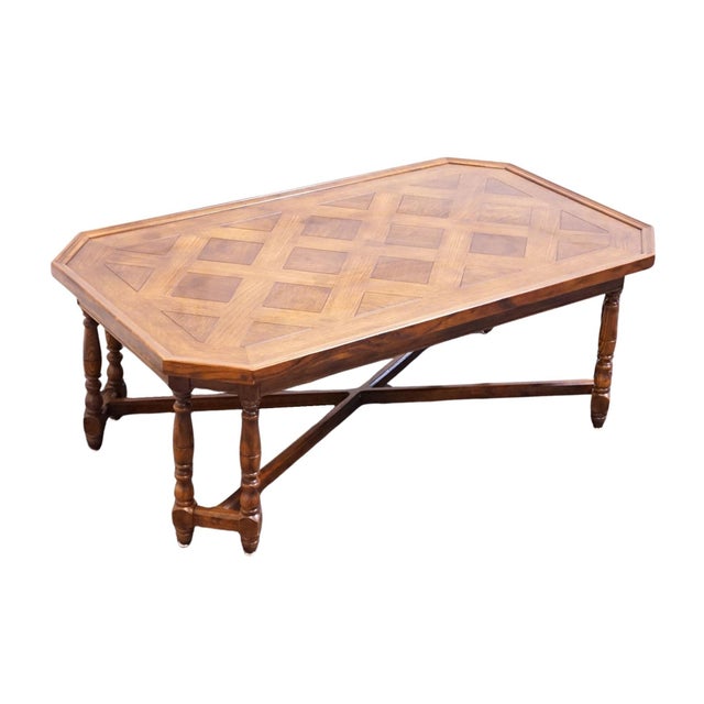 American Henredon Furniture Four Centuries Collection Solid Oak Rustic Americana 46" Accent Coffee Table W. Lattice Parquet Top For Sale - Image 3 of 10