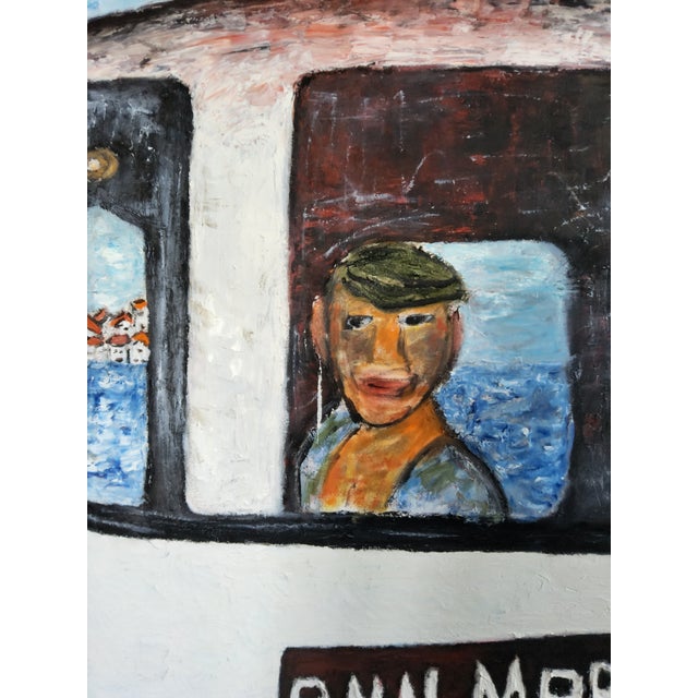 Blue Mid Century Swedish Modernist Naivist Maritime Oil Painting of a Fisherman For Sale - Image 8 of 17