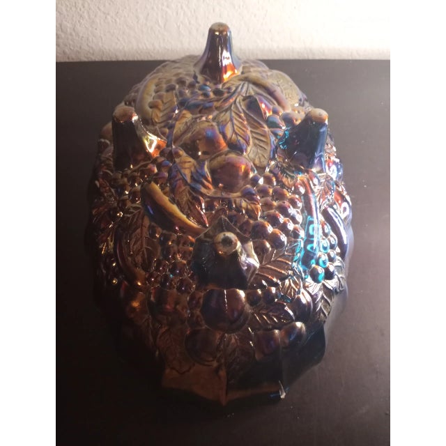 Contemporary 1940s Indiana Carnival Glass Iridiscent Harvest Pattern Footed Oval Bowl For Sale - Image 3 of 8