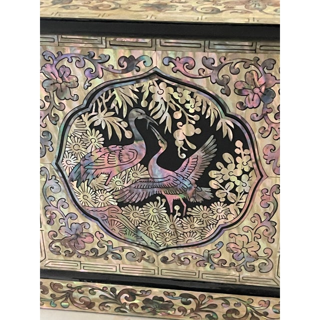 Spectacular intricately carved mother of pearl inlay with birds of paradise jewelry box with 4 drawers and butterfly...