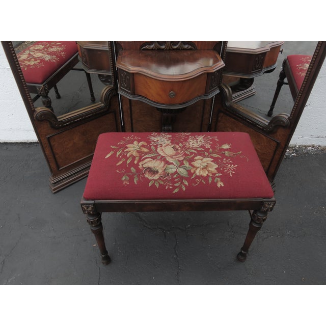 Wood 1920s Carved Tri Fold Vanity Makeup Dressing Table and Stool 6454 For Sale - Image 7 of 18