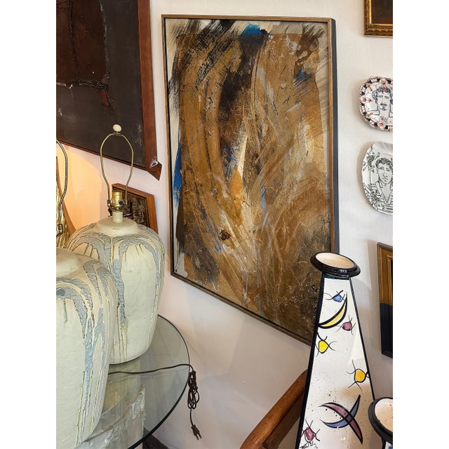 Mid-century Modern Mixed Media Abstract Painting Offered for sale is a mid-century modern abstract painting in iconic...