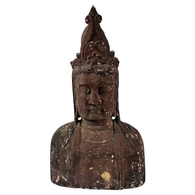 Chinese Artist, Large Bust of a Boddhisattva, 19th Century, Carved Wood For Sale