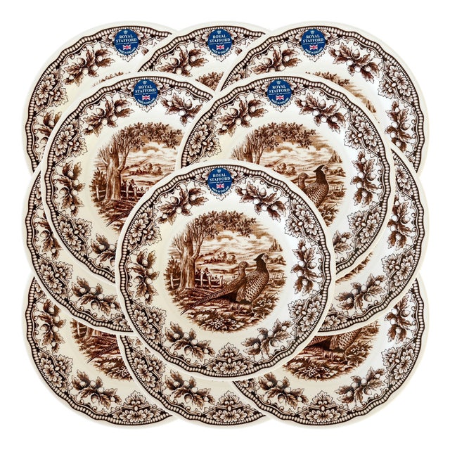 Royal Stafford English Brown Transferware Pheasants & Acorns Thanksgiving Salad Plates - Set of 12 For Sale