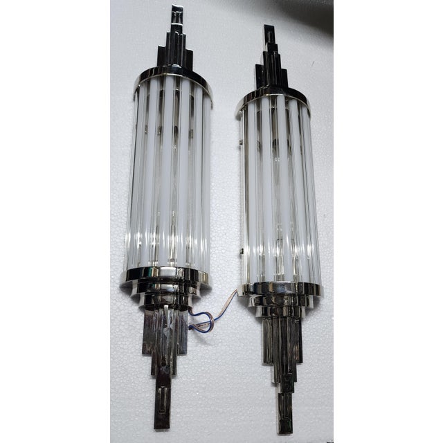 Art Deco Pair Skyscraper Vintage Art Deco Wall Sconces in Nickel Brass & Milk Clear Glass Rod Ship Light For Sale - Image 3 of 6
