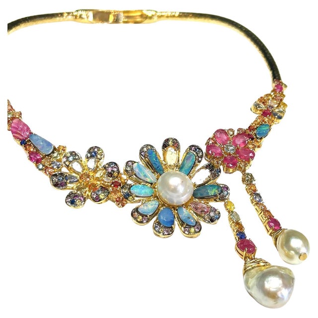 Bochic "Orient" Opal, Multi Sapphires & Rubies Necklace Set In 18K Gold & Silver Blue Topaz - 3 carats Multi sapphires - 4...
