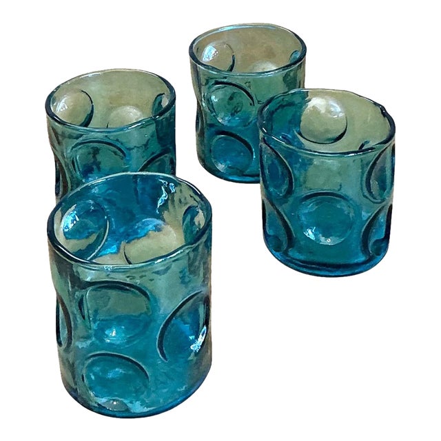 Vintage Blue Embossed Glass Shot Glasses - Set of 4 For Sale