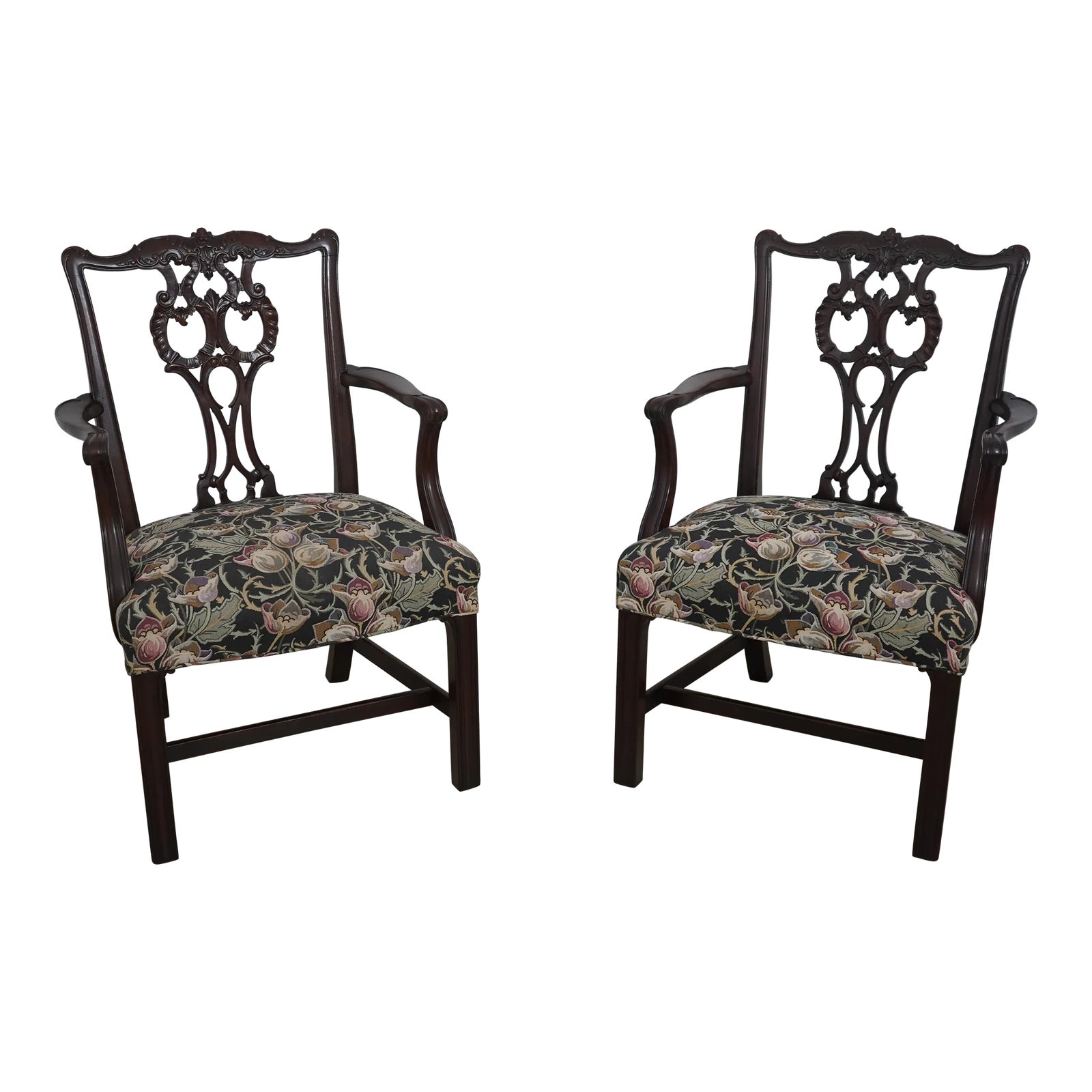 Pair Vintage Rococo Chippendale Mahogany Armchairs | Chairish