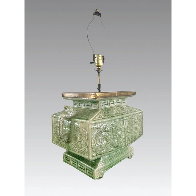 Large Celadon Crackle Ware Double Dragon Handled Converted Temple Censer Table Lamp (Artist Signed) For Sale - Image 9 of 14