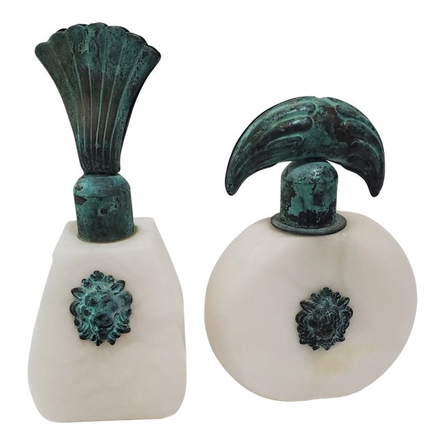 2 Vintage Art Deco Alabaster Perfume Bottles Metal Lion Head Motif Made in Italy For Sale
