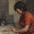A Framed Oil on Canvas Titled "Young Seated Girl Artist" depicts a young girl seated in a moment of intense focus. She's...