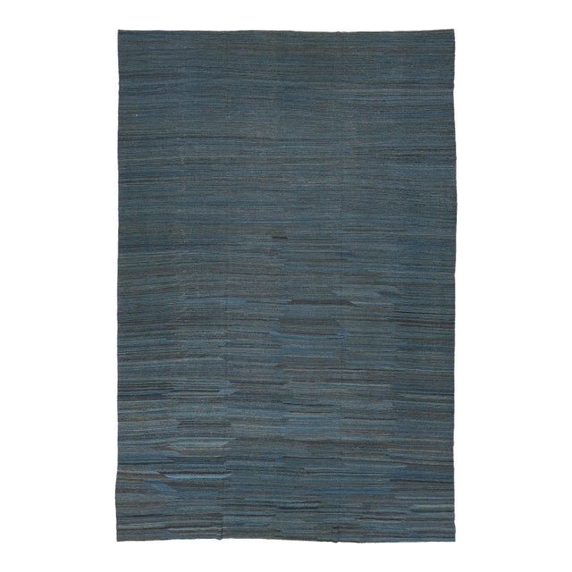 Modern Minimalist Slate Blue Handmade Kilim Wool Rug 12x18 For Sale