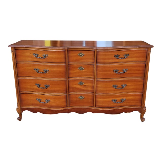 Vintage 1960s Fruitwood French Provincial Bedroom 9 Drawer Dresser