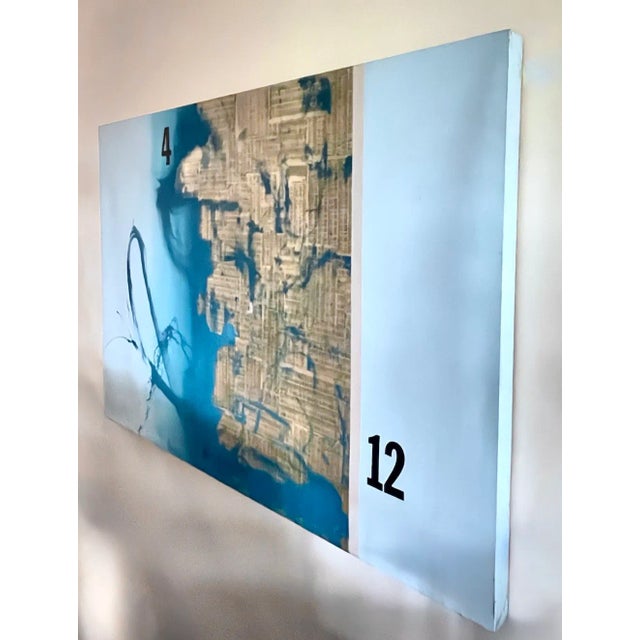 Vintage large signed aqua abstract painting titled "The 8 Hour Shift". Depicts abstract swaths of aqua colored imagery on...