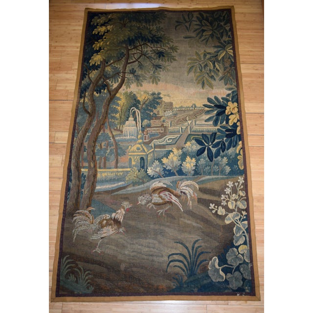 Antique 18th Century Aubusson Verdure Tapestry — Chateau Park with Roosters — 254 x 140 cm / 100 x 55 in A tall verdure...