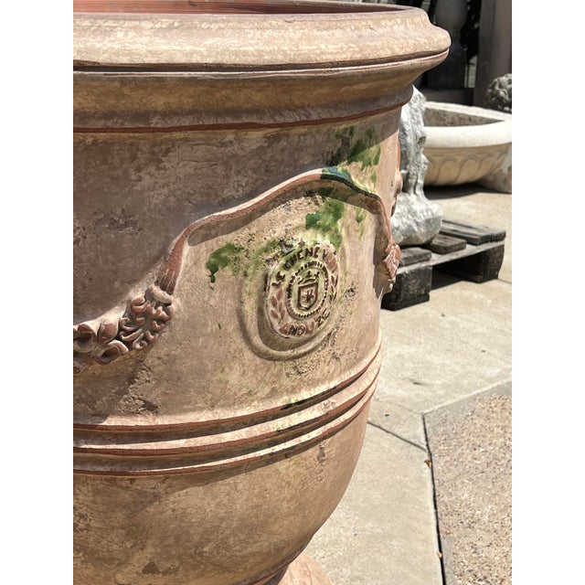 Pair of 31 Inch French Anduze Planters With Antique Patine, Fleur De Lys For Sale - Image 4 of 12