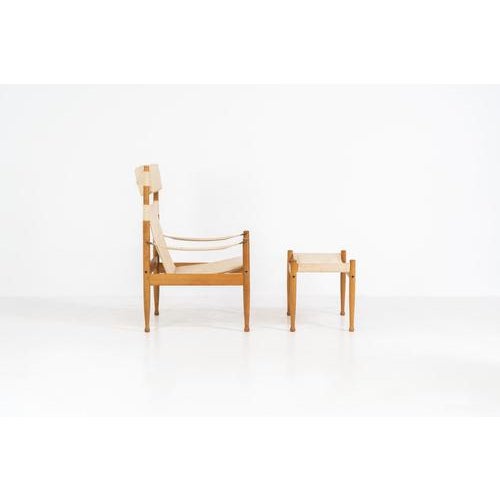Oak safari chair & ottoman by Niels Eilersen for Erik Wørts (Denmark, 1960s). A stunning safari set designed by Niels...