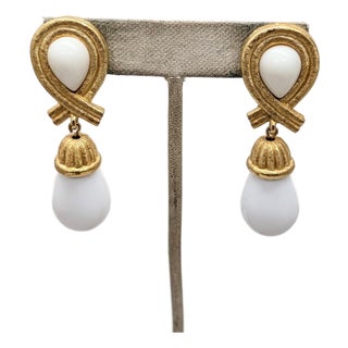 Vintage 1980s Signed Givenchy Goldtone White Drop Clip Earrings-2 Pieces For Sale