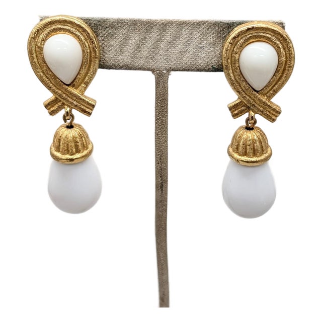 Vintage 1980s Signed Givenchy Goldtone White Drop Clip Earrings-2 Pieces For Sale