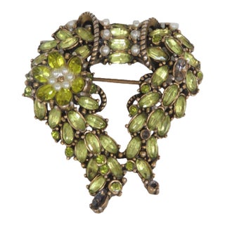 Hollycraft Floral Spring Series 1950s Metal Pin Brooch Green Rhinestones 5196b For Sale