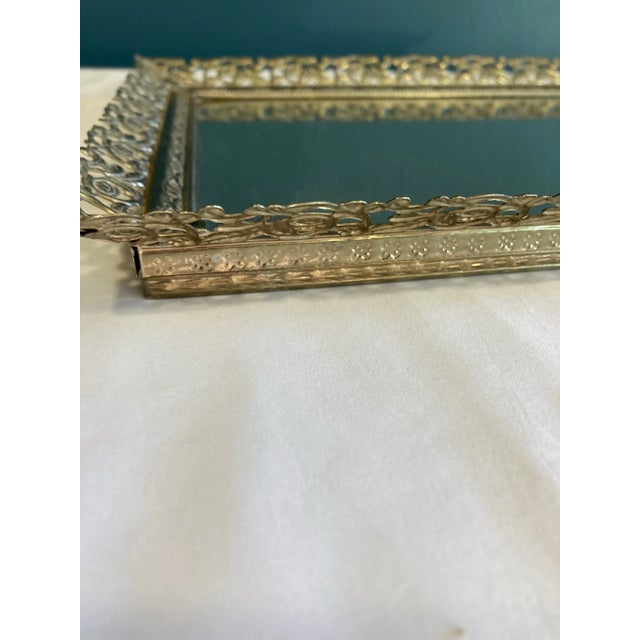 Metal Vintage Vanity Mirror Tray With Brass Rose Filigree Edging For Sale - Image 7 of 8