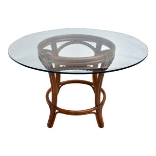 1990's Coastal Pedestal Dining Table, Rattan, Glass, Leather, Palecek For Sale