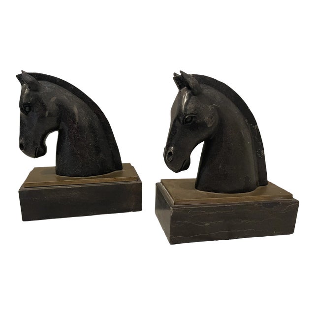 Pair of 1930s Art Deco Black Marble and Brass Horse Head Bookends For Sale
