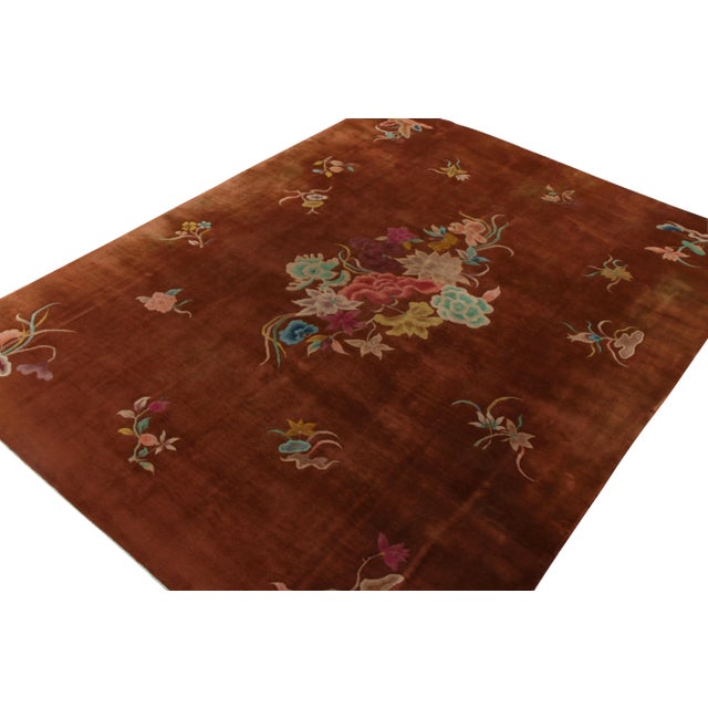 Art Deco Hand-Knotted Vintage Chinese Art Deco Rug, Brown, Medallion Floral Pattern For Sale - Image 3 of 6