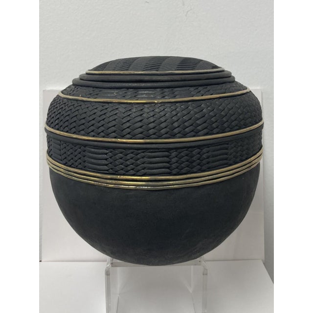 Candone Wharton Raku Basketweave Patterned Lidded Vessel For Sale - Image 11 of 12