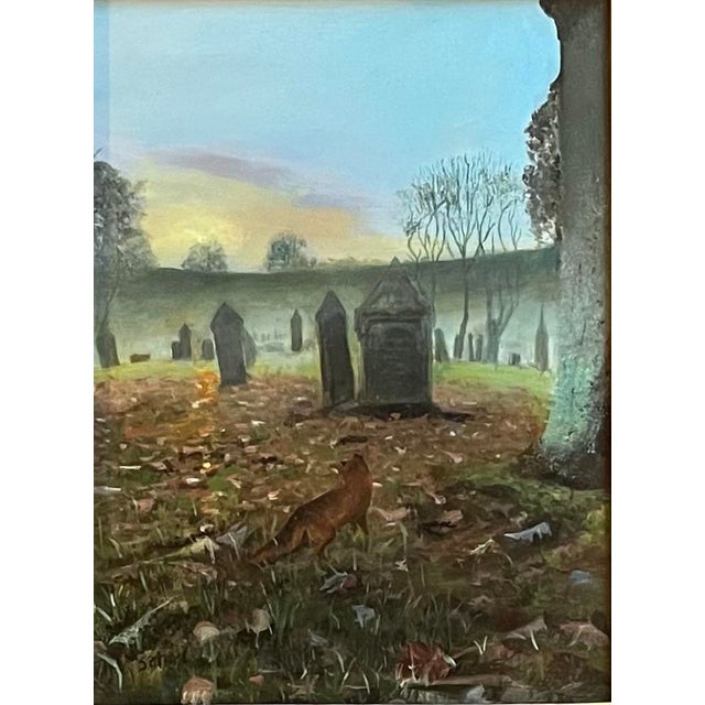 Original oil painting on board of a graveyard on an early misty morning near Westhoughton, Lancashire, England with a fox...