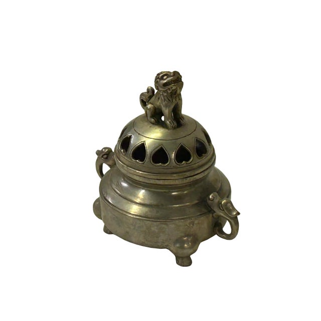 Vintage Silver Pewter Color Metal Foo Dog Ding Shape Incense Holder For Sale - Image 9 of 10