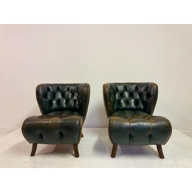 Danish Lounge Slipper Chairs in Green Patinated Leather, 1940s, Set of 2 For Sale - Image 3 of 18
