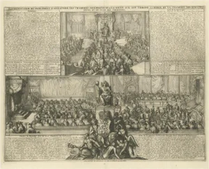 Chatelain, Illustration of the British Parliament & an Assembly Before the King of England, 1732, Print